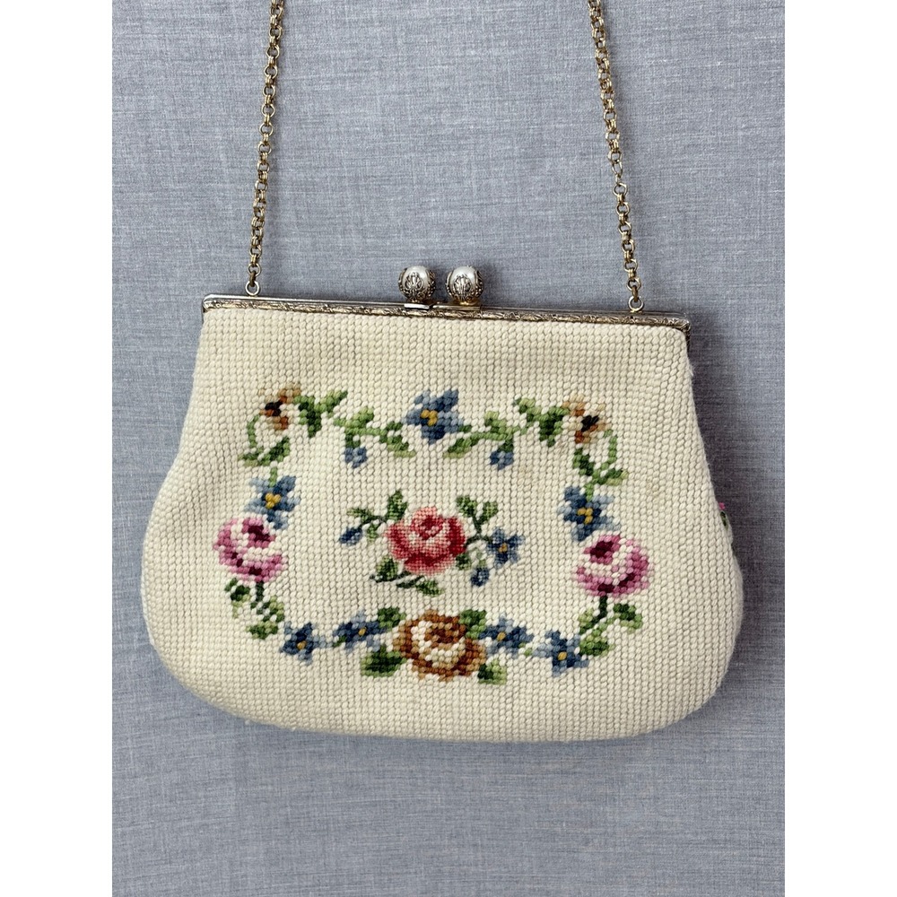 Vintage 50s Christine Needlepoint Floral Kisslock Evening Purse Clutch Bag